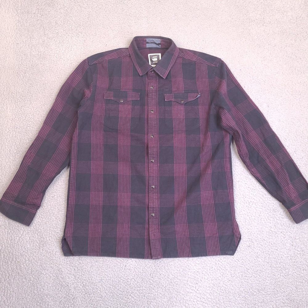 G-Star Raw Correct Flannel Shirt Mens XL Dark Navy Purple Plaid Pearl Snap